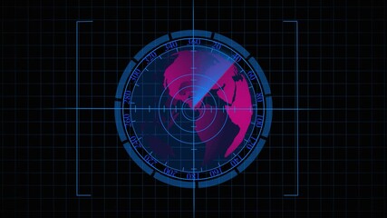 Radar Screen Showing a Pink and Purple Earth Globe with a Red Sweep Line and Target Frame display animated. High tech radar display with red sweep line scanning pink and purple Earth globe and target - Powered by Adobe
