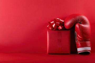 Red boxing glove and a wrapped present with a ribbon bow, creating a strong visual blend of sport and celebration