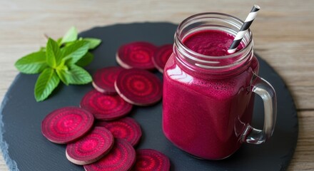 Healthy beetroot juice served in a mason jar with sliced beets