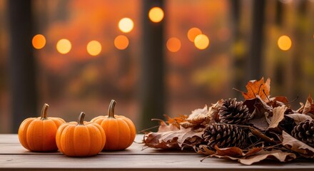 Two pumpkins with autumn leaves and pinecones on a table