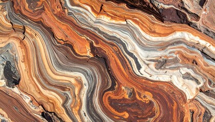 Close-up of layered rock formations displaying intricate swirls of rich colors. The natural patterns create an abstract visual