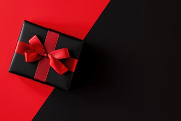 Black gift box with a red ribbon on a red and black split background, offering ample copy space for holiday sales