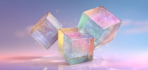 Abstract shimmering geometric crystals suspended in a soft pastel gradient sky with light flares
