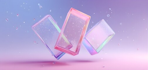 Three iridescent geometric crystal shards floating in a soft gradient pastel background with water droplets