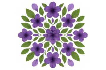 Purple botanical mandala illustration with green leaves, creating a symmetrical natural floral pattern on transparent background