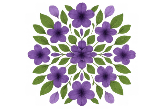 Purple botanical mandala illustration with green leaves, creating a symmetrical natural floral pattern on transparent background
