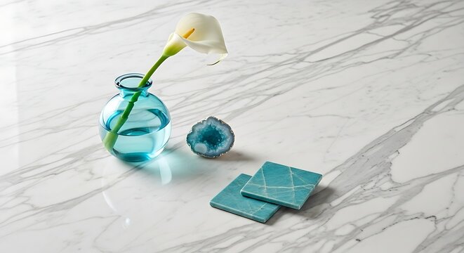 Elegant still life featuring a calla lily in turquoise glass vase on marble
