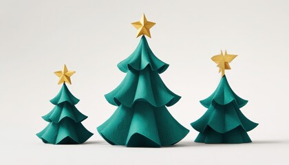 Three stylized evergreen decorations topped with golden ornaments stand against a light background