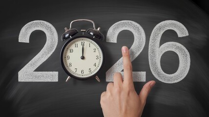 A clock showing twelve o'clock next to the year twenty twenty six with a hand pointing to the number