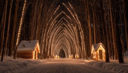 Illuminated pathway through a snowy forest is lined with illuminated trees and small wooden structures
