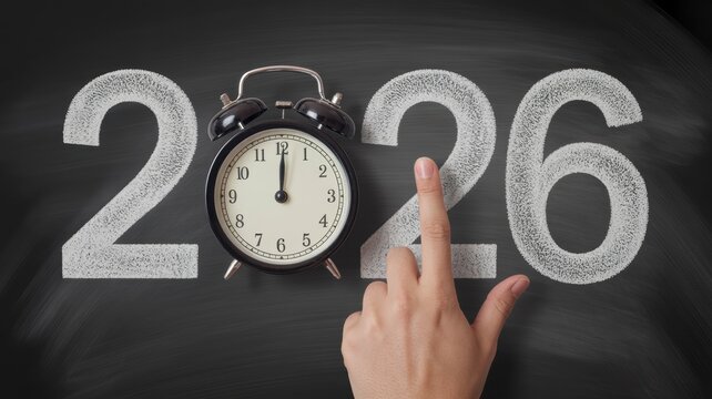 A clock showing twelve o'clock next to the year twenty twenty six with a hand pointing to the number