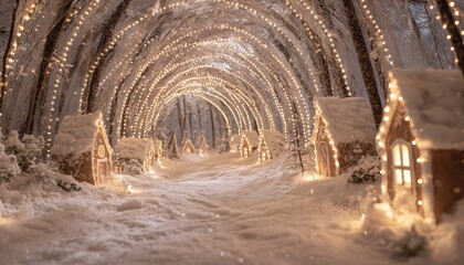 Naklejka premium Magical illuminated pathway lined with miniature snow-covered edible houses in a winter forest