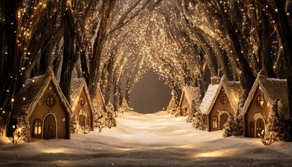 Miniature edible dwellings line a snowy path beneath a canopy of illuminated forest branches