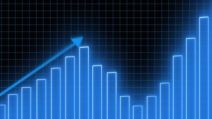 Upward Trending Blue Bar Graph with Neon Glow and Ascending Arrow on Grid animated Background chart. Animated neon blue bar chart showing growth with upward arrow and glowing bars on grid interface. - Powered by Adobe