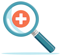 Fototapeta premium Medical Cross Symbol Under Blue Magnifying Glass, Healthcare Research and Examination Concept, Vector Graphic