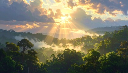 Golden Sunlight Illuminating a Lush Tropical Rainforest Landscape Scenery