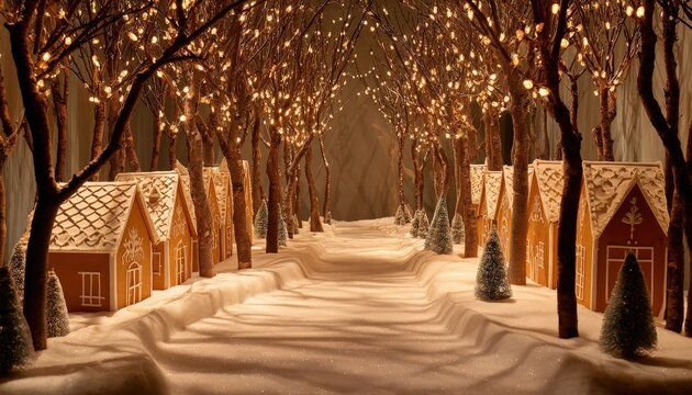 Whimsical edible houses line a snow-covered lane beneath illuminated barren trees
