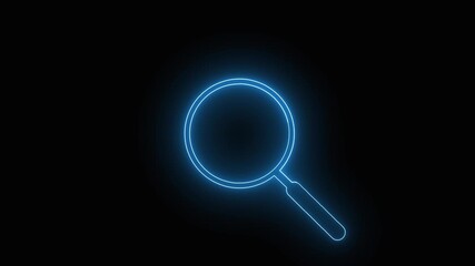 Neon Blue Magnifying Glass Icon on animated Black Background glowing search.Glowing neon blue magnifying glass in animated display symbolizing digital search interface. - Powered by Adobe