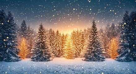 Peaceful winter landscape decorated with glowing Christmas trees and snow photo