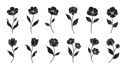 Elegant collection of black flower silhouettes, featuring various blossoms and buds with delicate stems and leaves, isolated on white.