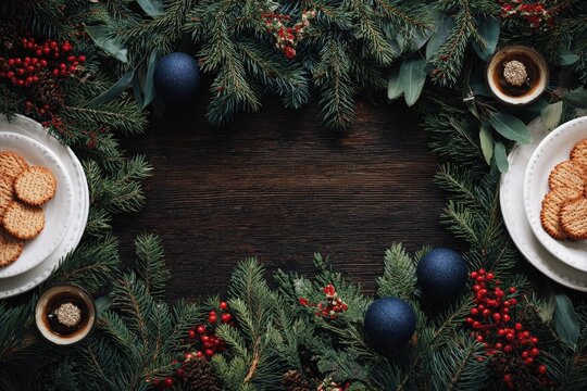 Festive holiday greenery frames a dark wooden surface with place settings for a seasonal gathering