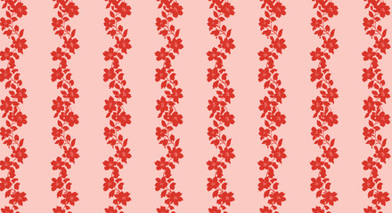 Red floral vine stripes create a charming seamless pattern on a soft pink background, ideal for textile designs or decorative purposes.