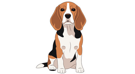A cute cartoon beagle dog with tricolor fur sits patiently and looks directly forward on a plain white background, an adorable pet illustration.