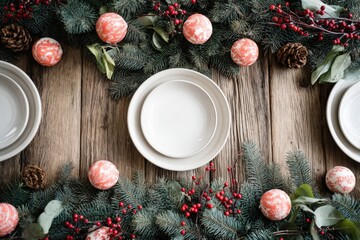 Holiday dinner place settings arranged on rustic wooden tabletop with evergreen garland decoration