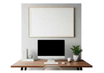 Fototapeta premium Modern home office setup with blank screen computer framed poster mockup for interior design isolate