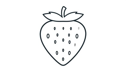 Fototapeta premium A black and white line art illustration of a strawberry with seeds and leaves. It is centered and isolated against a white background