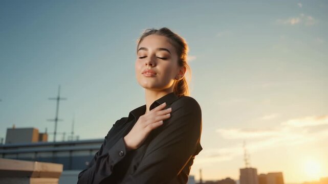 A woman basking in the warmth of the sun, radiating a sense of peace and tranquility. She is gently embracing herself, with her eyes closed, seemingly lost in a moment of inner reflection