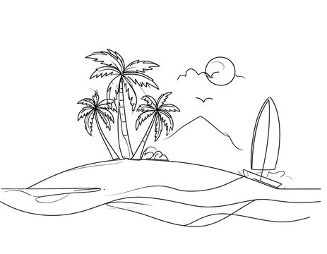A black and white line drawing of a tropical island scene, featuring palm trees, a sailboat, waves, sun, mountains