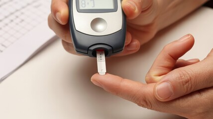 A person using a glucose meter to check blood sugar levels with a test strip on their finger