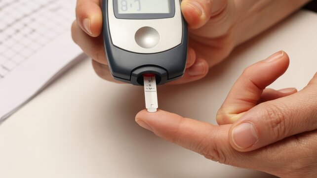 A person using a glucose meter to check blood sugar levels with a test strip on their finger