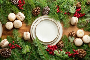 Elegant holiday table setting features creamy confectioneries nestled among fresh evergreen branches and natural accents