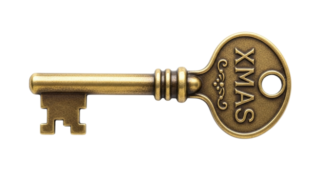 Antique brass key with the word xmas isolated on transparent background, perfect for adding a vintage touch to your holiday decor