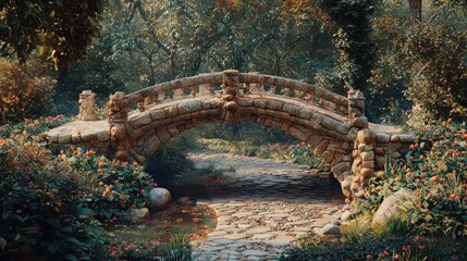 Enchanting Stone Bridge Amidst Lush Greenery and Tranquil Waters.