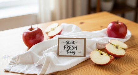 Fresh red apples and sign inviting you to start fresh today