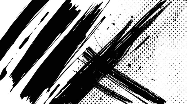 Abstract black ink brush strokes with halftone pattern on