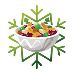 Holiday Snack Mix of Nuts, Seeds, and Candies Served in a White Bowl with a Decorative Green Snowflake - Vector Illustration