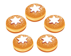 Group of Traditional German Star-Shaped Christmas Cookies or Doughnuts with Powdered Sugar Topping - Vector Illustration