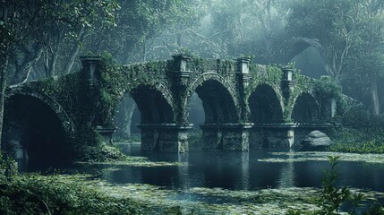 Mystical Stone Bridge in Lush Forest - A Serene Landscape.