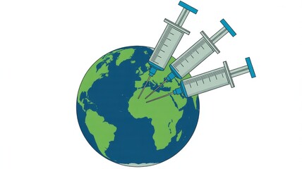 Three syringes injecting a globe with green continents and blue oceans on a white background