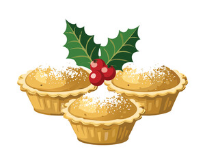 Three Traditional Christmas Mince Pies Topped with Icing Sugar and Decorated with Holly Sprigs - Vector Illustration