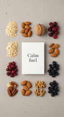 Healthy food arrangement with oats berries and nuts on a gray surface