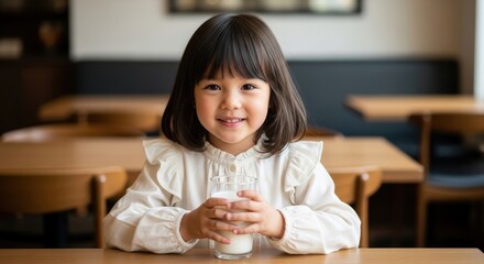 Happy girl holding a glass of milk at a table