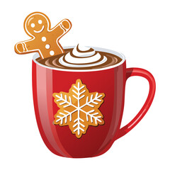 Red Ceramic Mug of Hot Chocolate Topped with Whipped Cream, Gingerbread Man Cookie, and Sprinkles - Vector Illustration