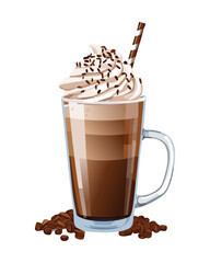 Iced Layered Coffee Drink Topped with Whipped Cream, Chocolate Drizzle, and Straw - Vector Illustration