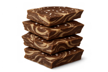 Stack of chocolate and tahini swirl fudge squares with sea salt sprinkles, a sweet dessert on transparent background
