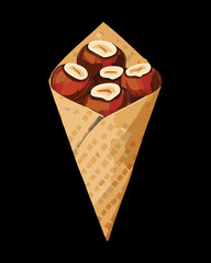 Crispy Wafer Cone Filled with Roasted Hazelnuts and Almonds, Tied with a Ribbon - Vector Illustration